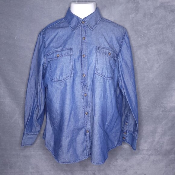 Chicos Womens Button-Up Chambray Shirt XL ( 3) Chest Pockets Collared Neck - Picture 2 of 5